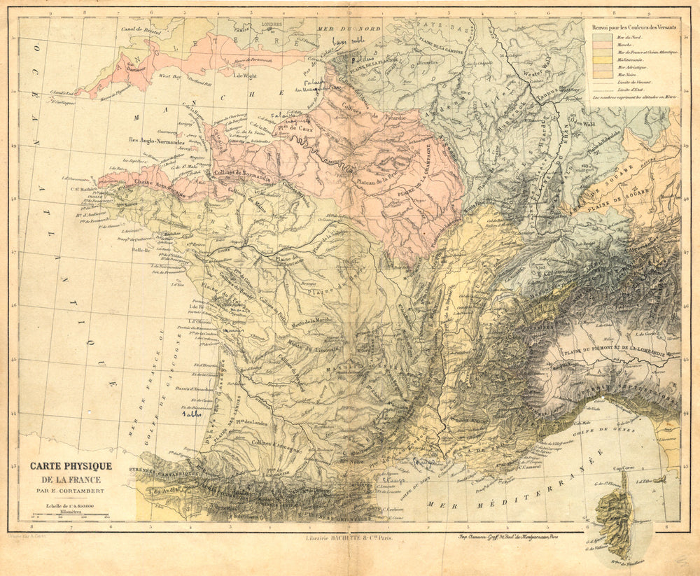 FRANCE. Carte Physique de la France 1880 old antique vintage map plan chart