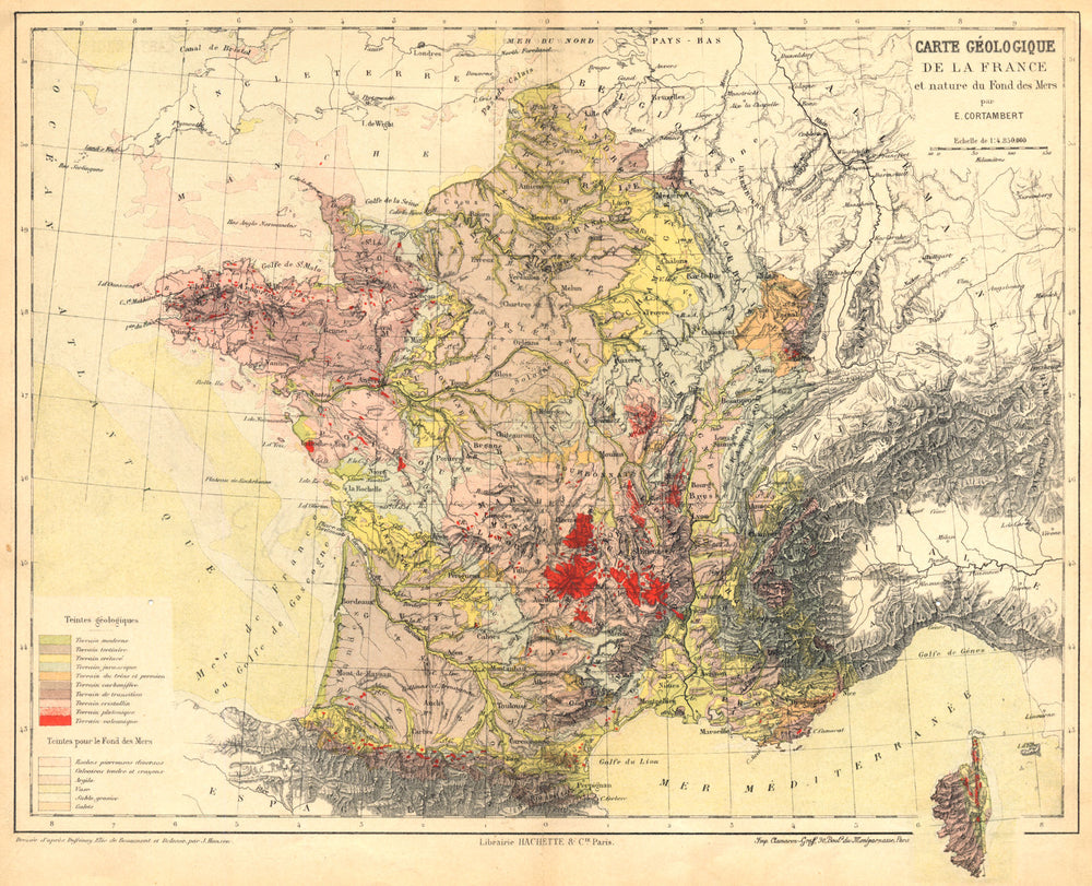 FRANCE. Carte Géologique de la France et nature du fond des Mers 1880 old map