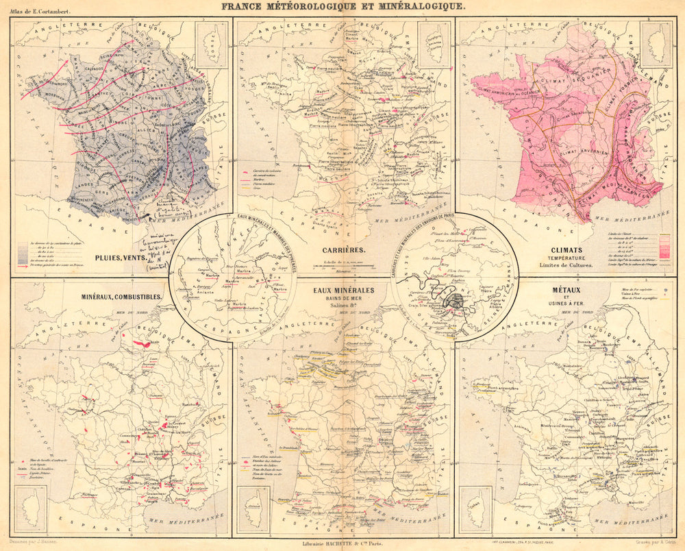FRANCE.Météorologique Minéralogique;Pluies,Vents;Carrières;tempèrature 1880 map