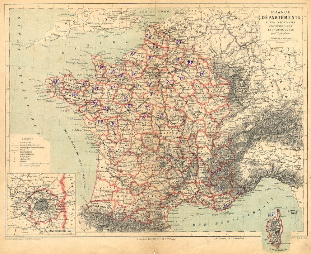 FRANCE.Départements villes principaux Cinaux Chemins de fer;area Paris 1880 map