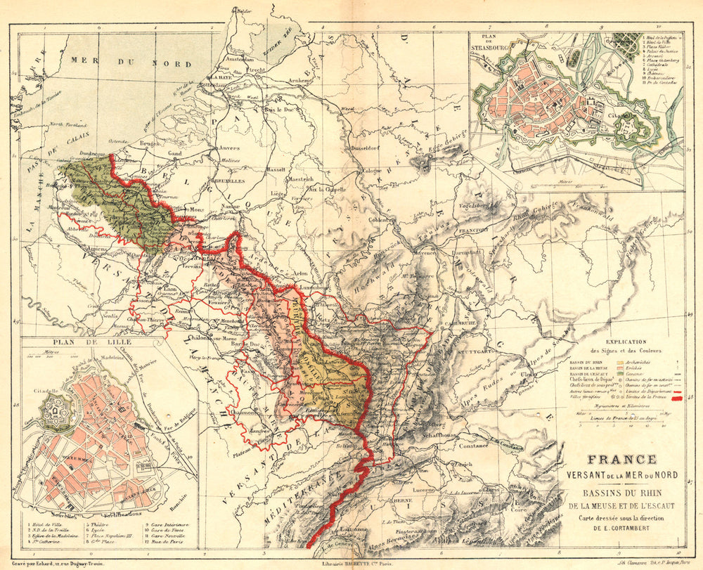 FRANCE. Versant Mer Nord Bassins Rhin Meuse Escaut; Strasbourg; Lille 1880 map