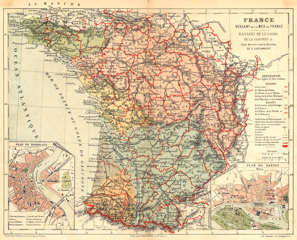 FRANCE. France Versant de la Mer Loire Garonne; Bordeaux; Nantes 1880 old map