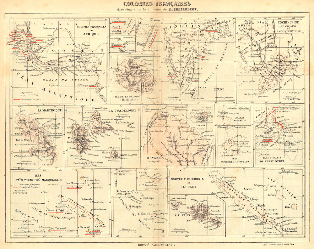 COLONIES FRANÇAISES. Afrique Réunion Cochinchine Polynesie Madagascar 1880 map