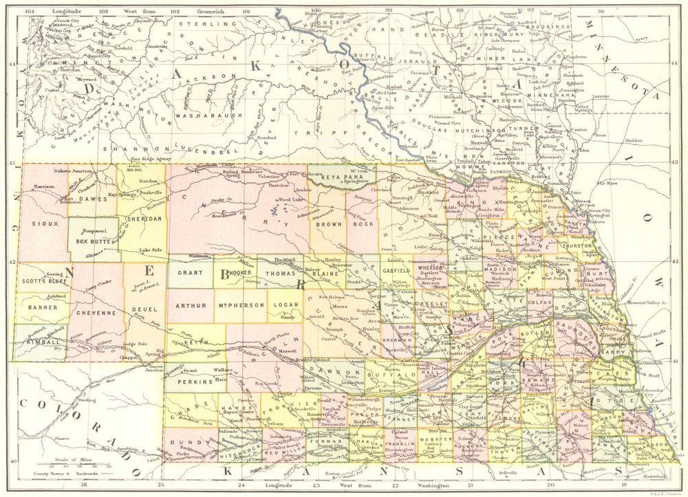 NEBRASKA. state map showing counties. Britannica 9th edition 1898 old