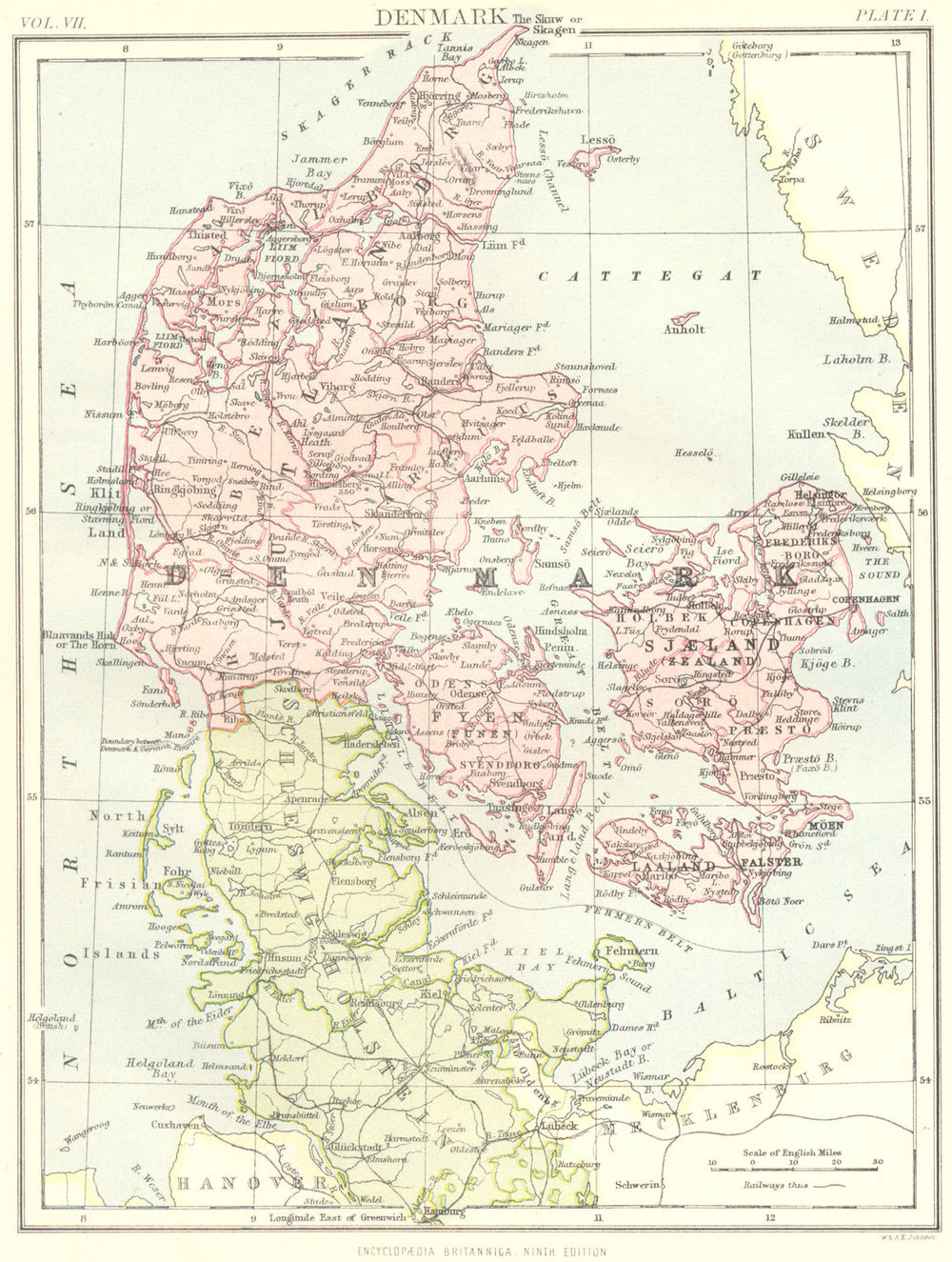 DENMARK. Britannica 9th edition 1898 old antique vintage map plan chart