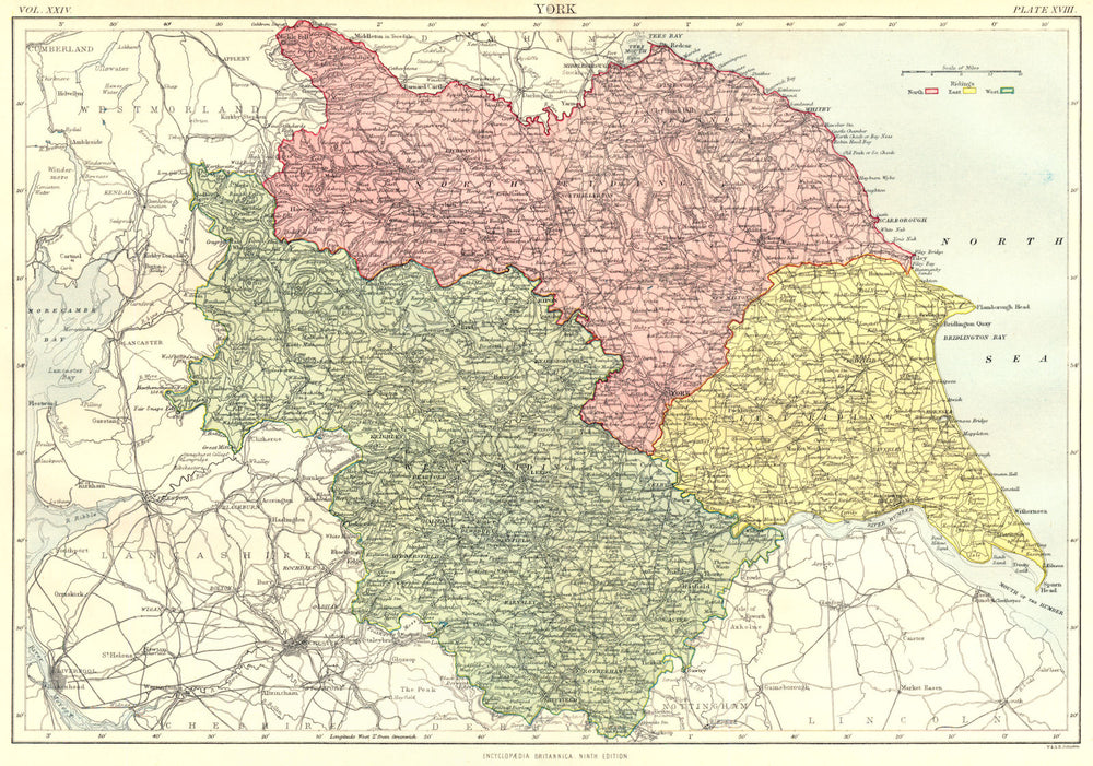 YORKSHIRE. Showing North West East ridings. Britannica 9th edition 1898 map