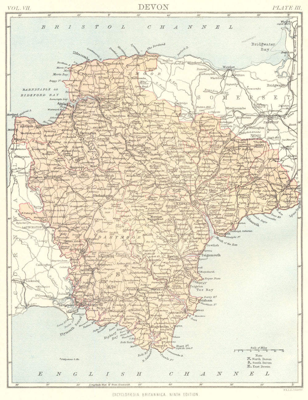 DEVON. Devonshire. Britannica 9th edition County map 1898 old antique