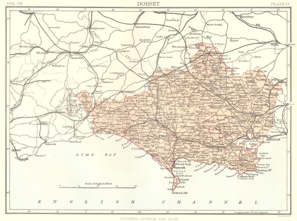 DORSET. County map . Britannica 9th edition 1898 old antique plan chart