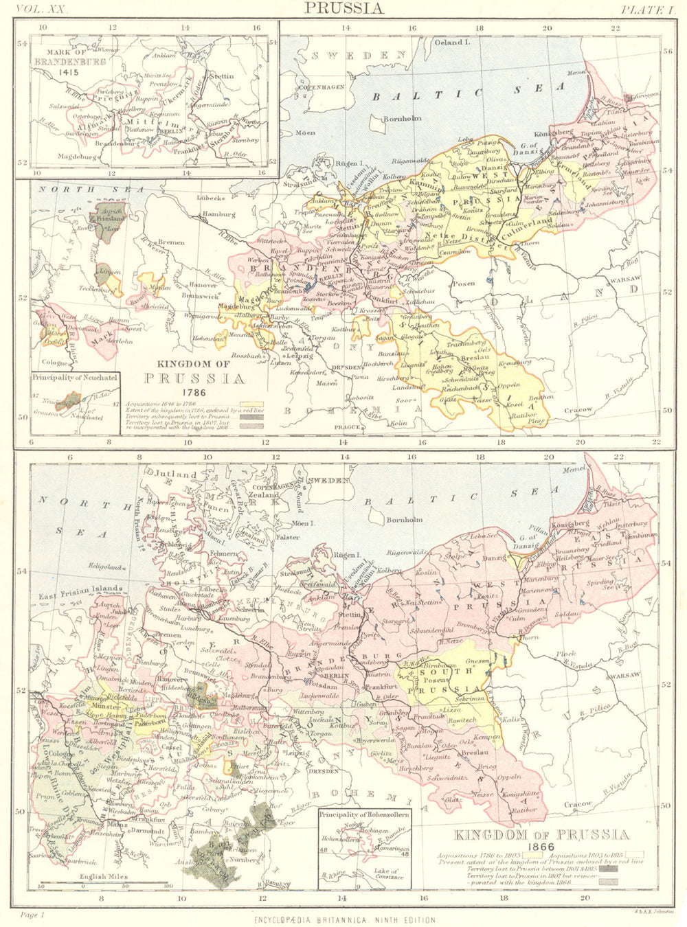 KINGDOM OF PRUSSIA.1786 & 1886;Mark Brandenburg ;Neuchatel;Hohenzollern 1898 map