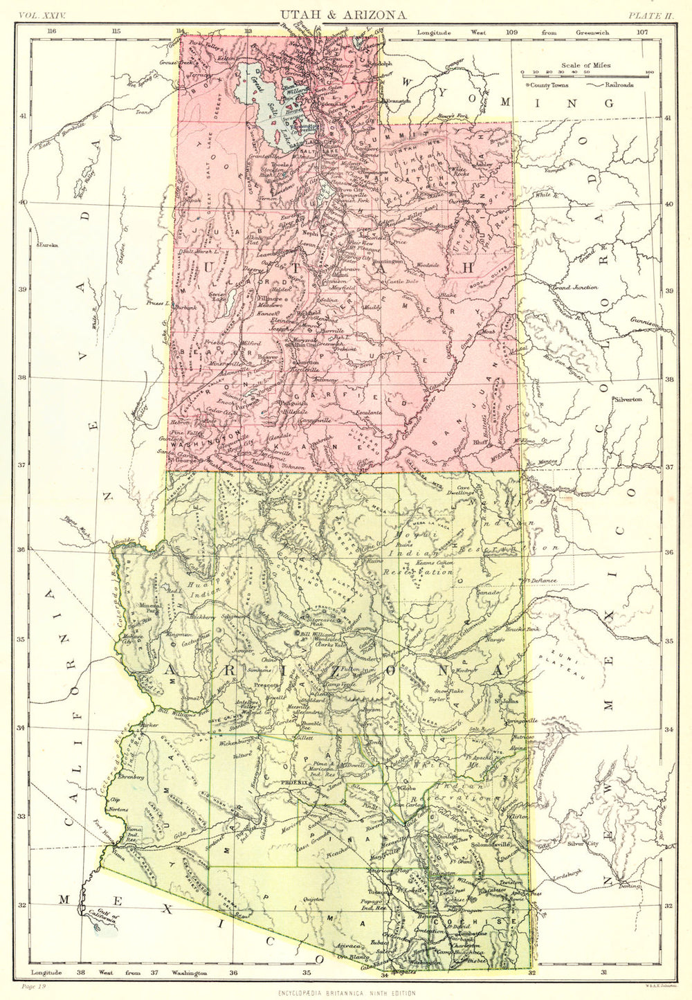 UTAH & ARIZONA. State map. Britannica 9th edition 1898 old antique chart