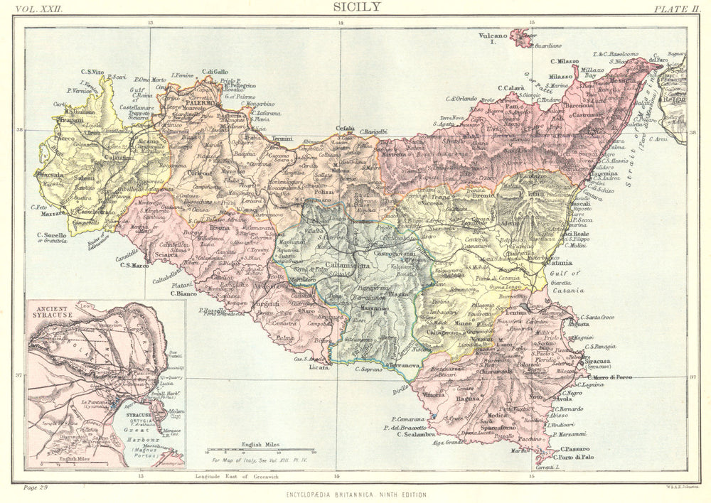 ITALY. Sicily; Inset Ancient Syracuse. Britannica 9th edition 1898 old map