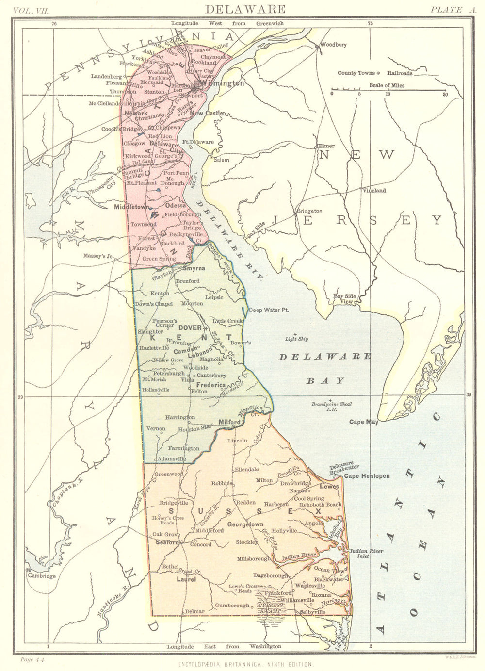 DELAWARE. State map. Counties.Kent Sussex Newcastle. Britannica 9th edition 1898
