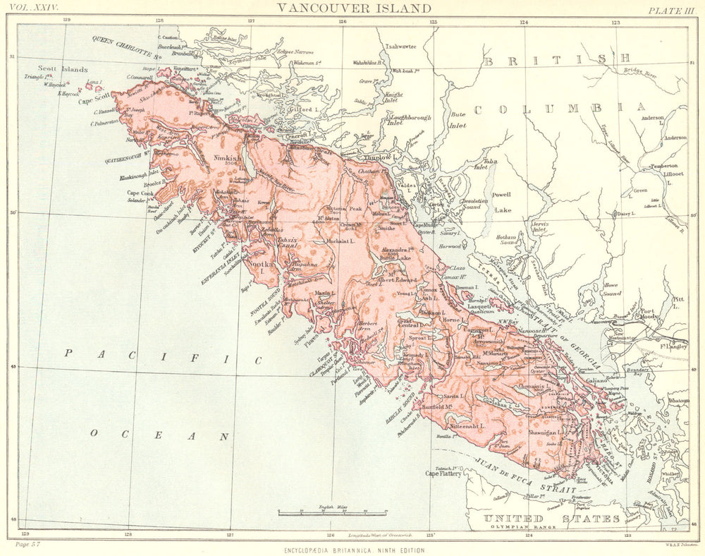VANCOUVER ISLAND. Canada. Britannica 9th edition 1898 old antique map chart