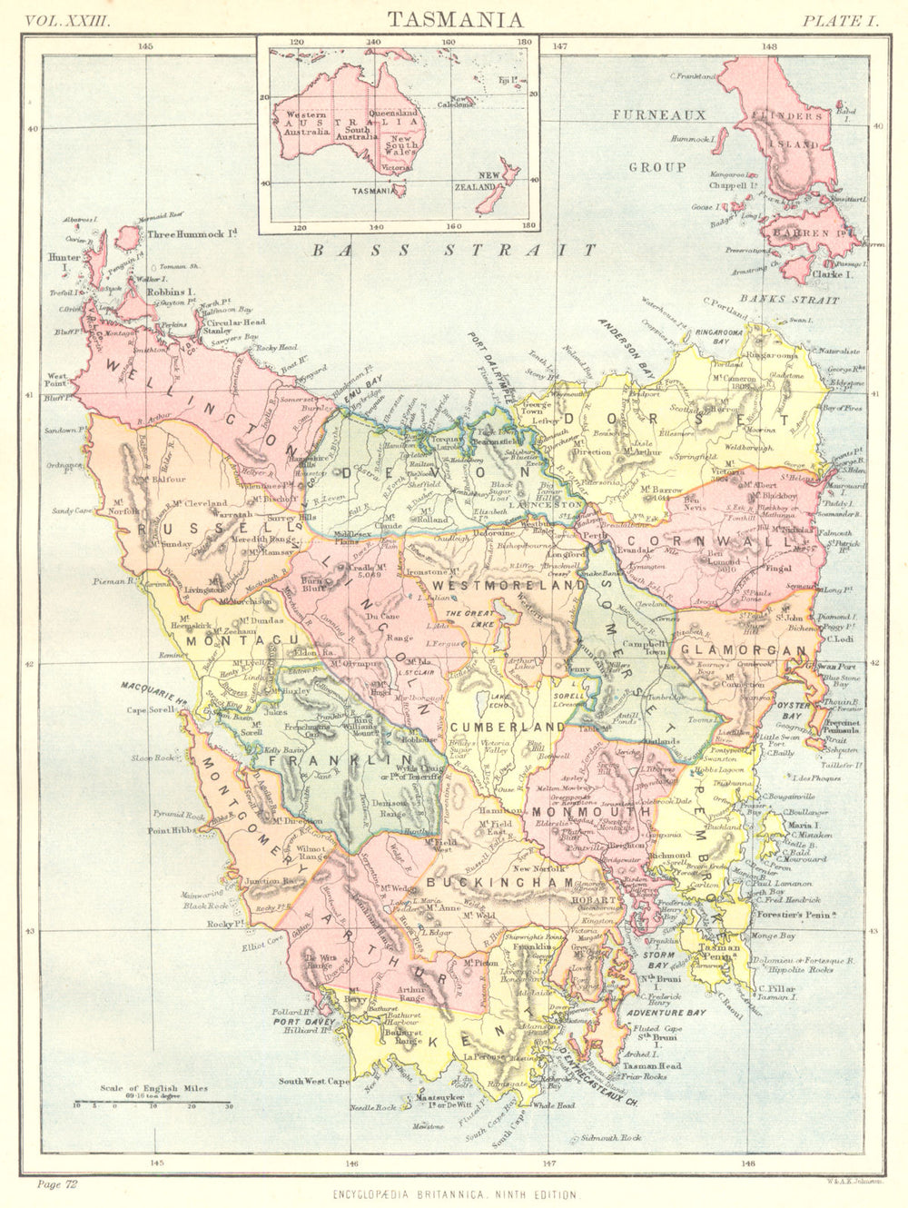 TASMANIA. Australia, showing counties. Britannica 9th edition 1898 old map