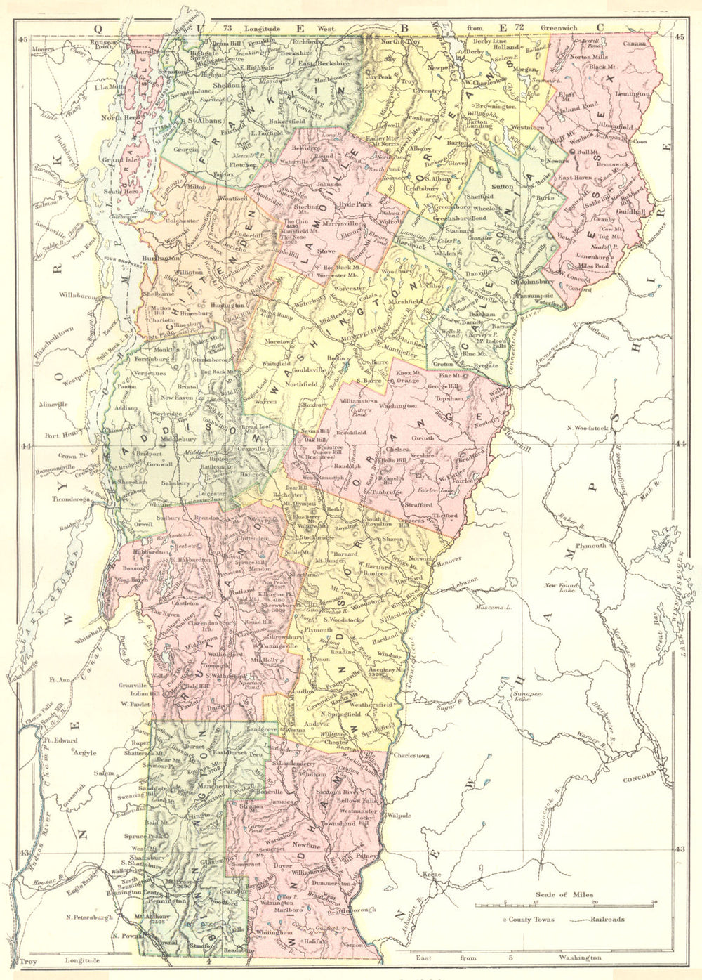 VERMONT. State map showing counties. Britannica 9th edition 1898 old