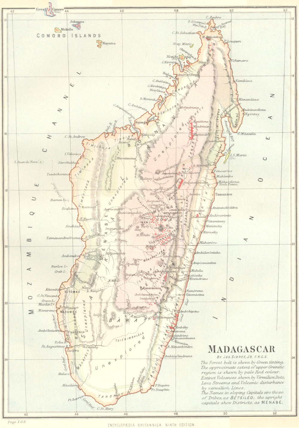 MADAGASCAR. Forest belt; volcanoes; tribes; granitic region. Britannica 1898 map