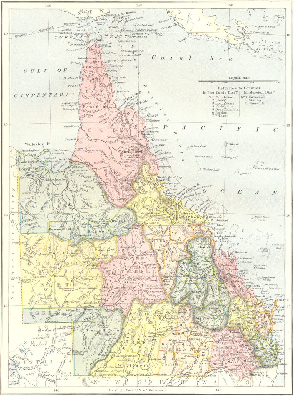 QUEENSLAND. Australia. Showing districts. Britannica 9th edition 1898 old map