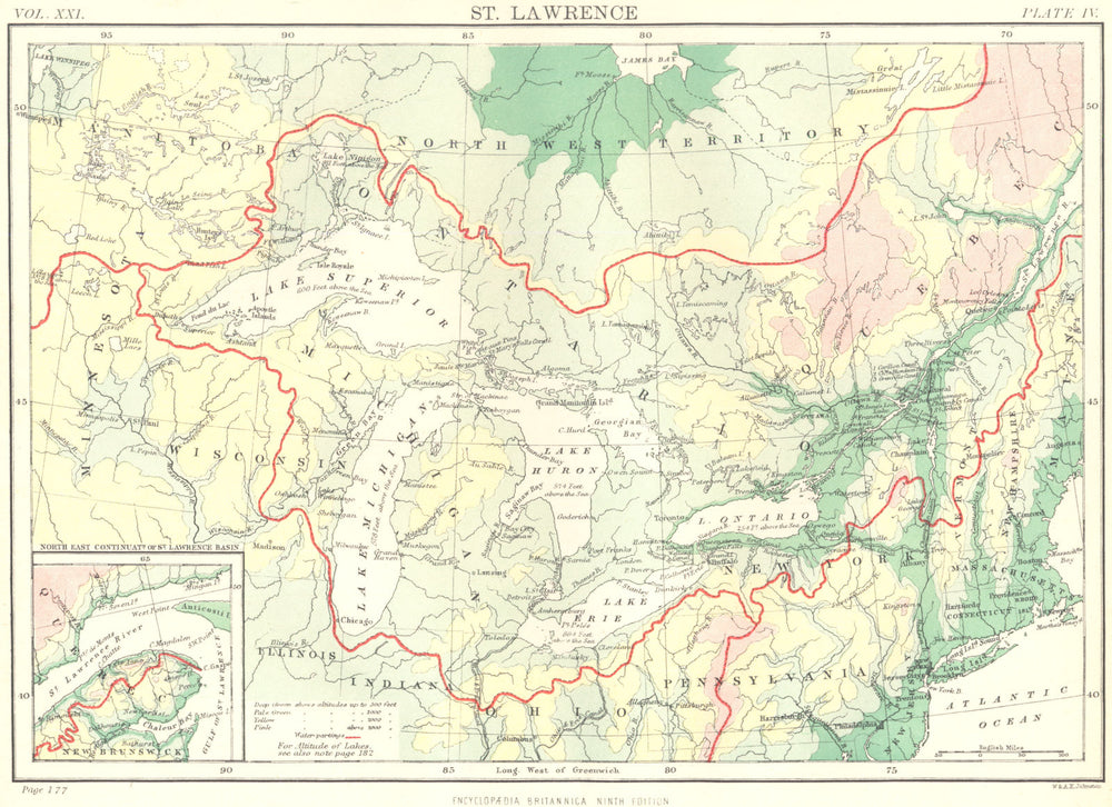 GREAT LAKES & ST LAWRENCE BASIN. Watershed drainage basin. Canada USA 1898 map