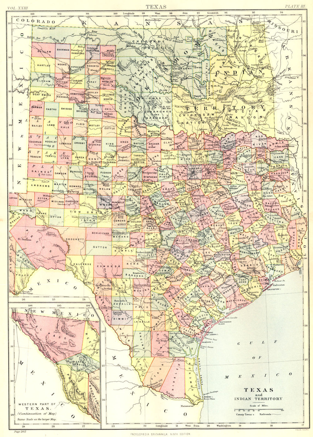 TEXAS.Showing counties.Indian Territory;Oklahoma.Britannica 9th edition 1898 map