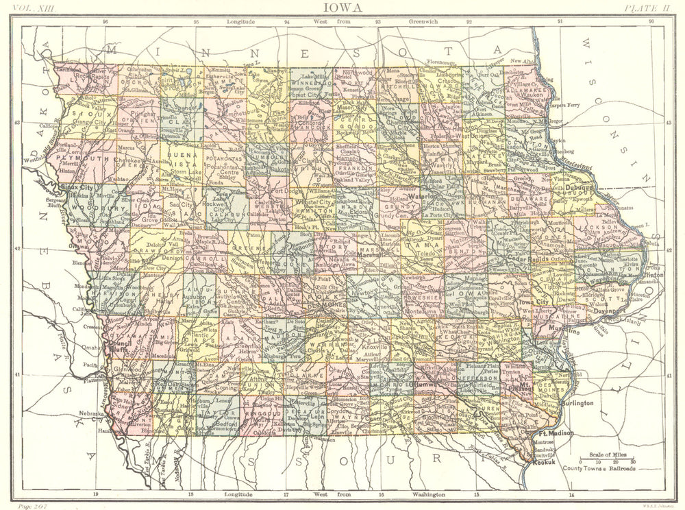 IOWA. State map showing counties. Britannica 9th edition 1898 old antique