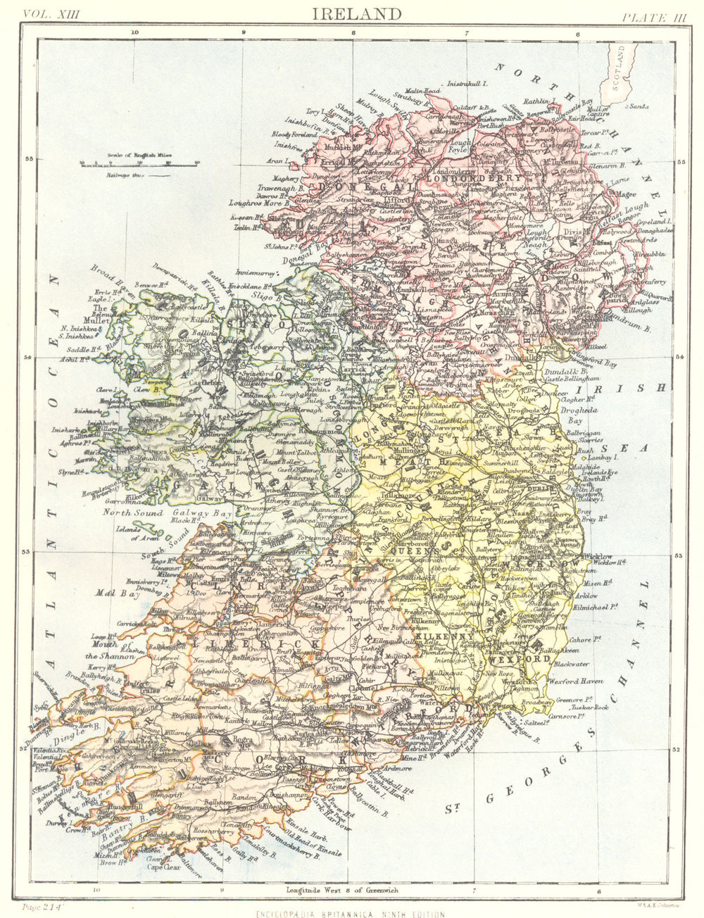 IRELAND. Showing provinces. Britannica 9th edition 1898 old antique map chart