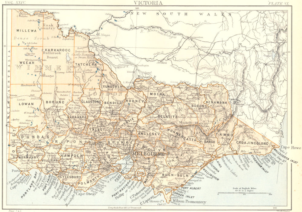 AUSTRALIA. Victoria, showing counties. Britannica 9th edition 1898 old map