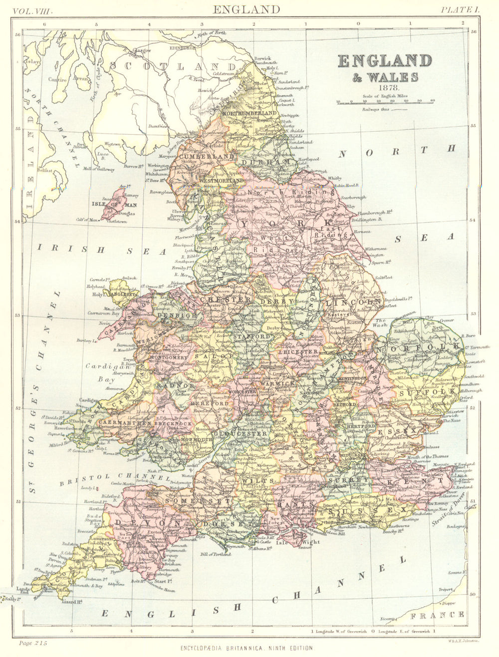 ENGLAND & WALES. in 1878, showing counties. Britannica 9th edition 1898 map