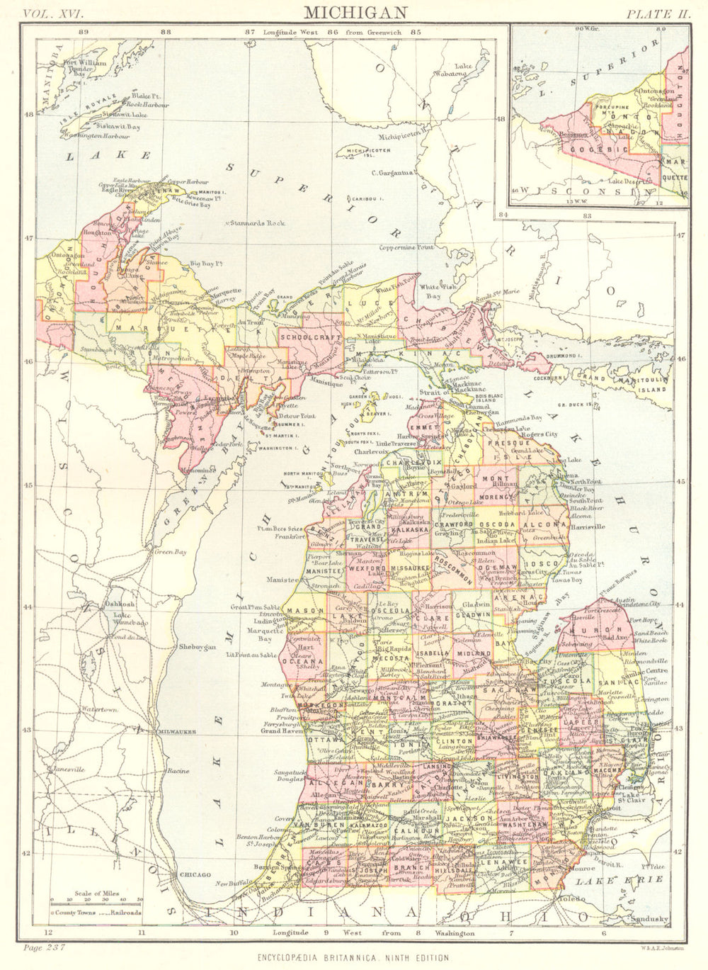 MICHIGAN. State map showing counties. Britannica 9th edition 1898 old