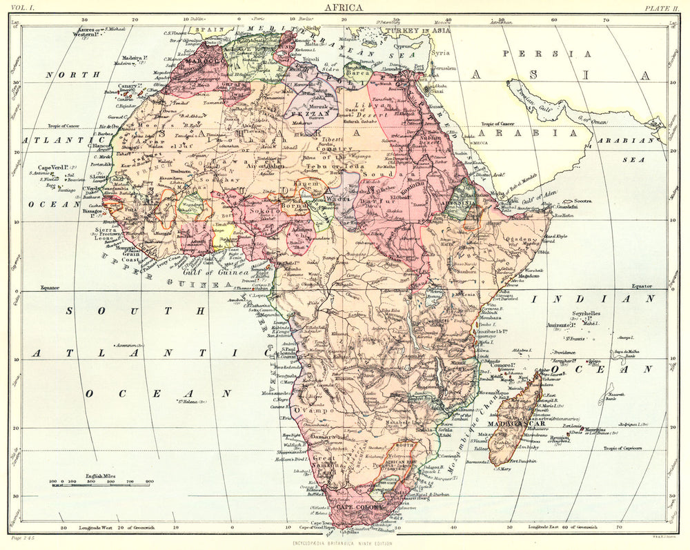 AFRICA. Africa. Britannica 9th edition 1898 old antique vintage map plan chart