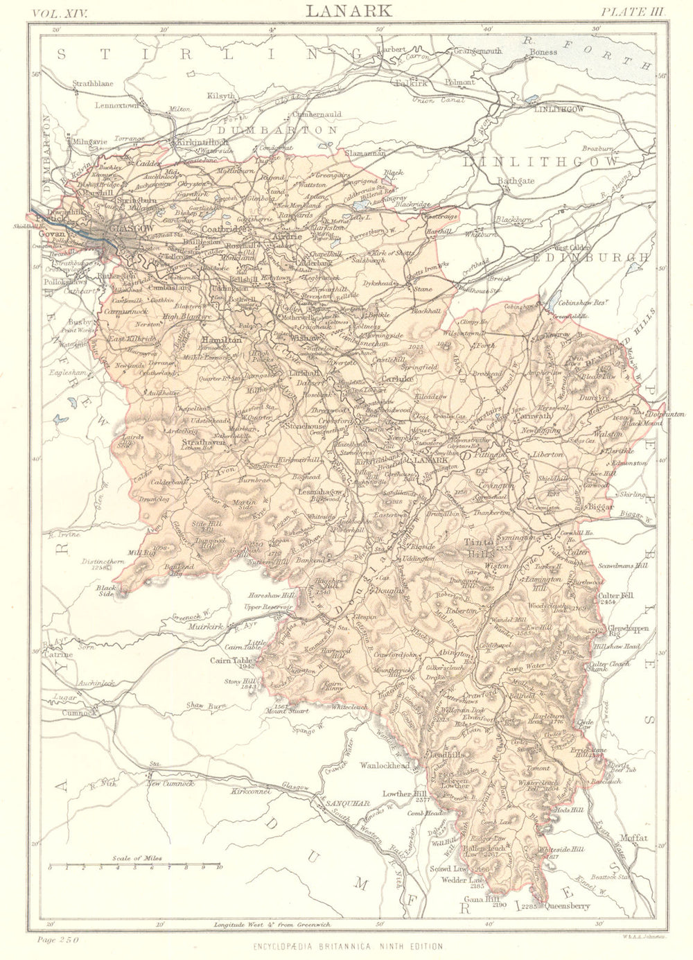 SCOTLAND. Lanarkshire. County map. Britannica 9th edition 1898 old antique