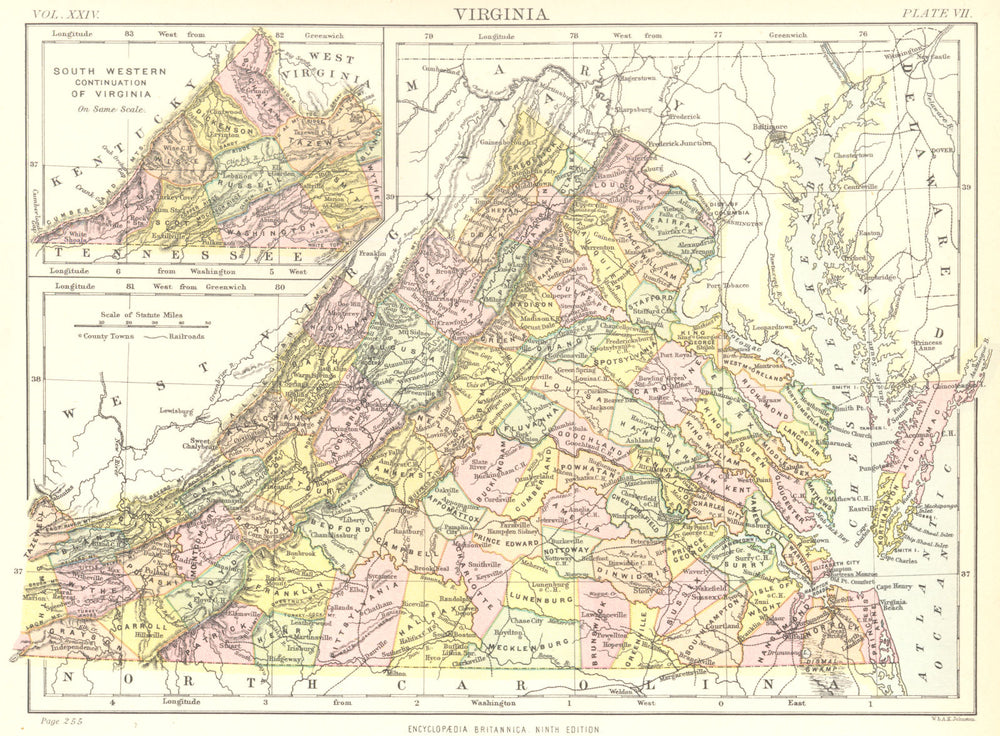 VIRGINIA. State map showing counties. Britannica 9th edition 1898 old