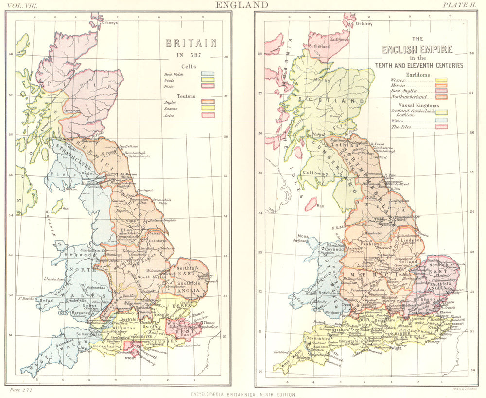GREAT BRITAIN. in 597 tribes Celts Teutons.English Empire.10-11C earls 1898 map
