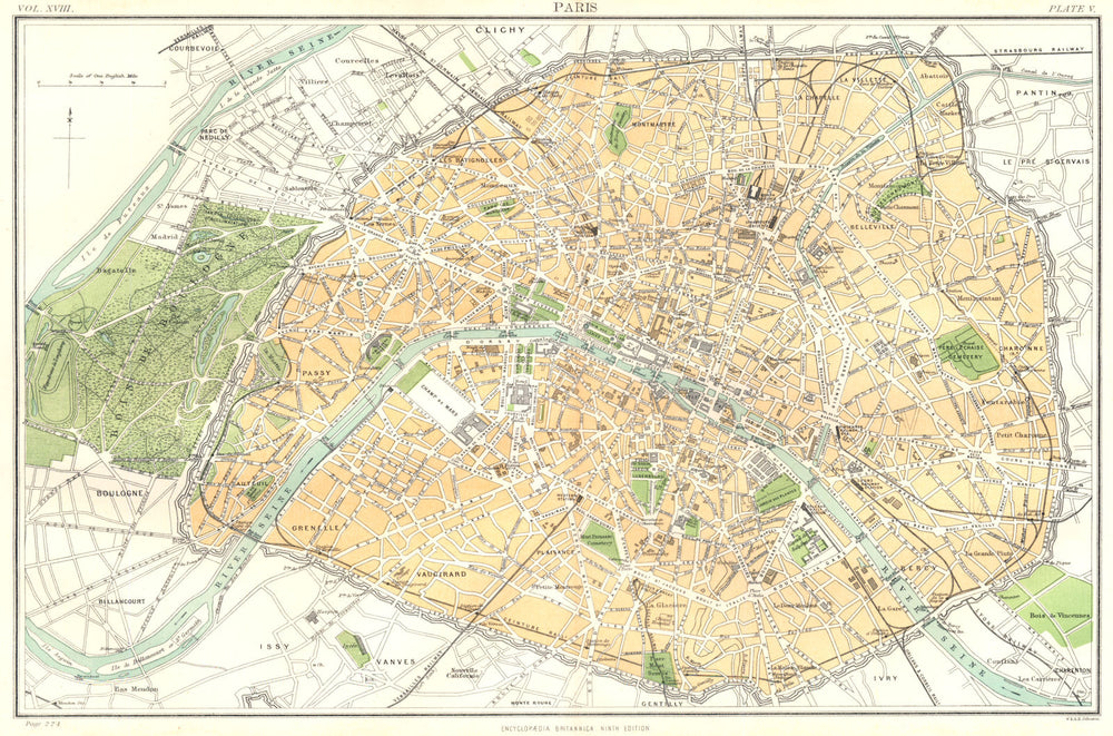PARIS. Central Paris. Britannica 9th edition 1898 old antique map plan chart
