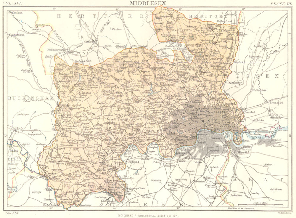 MIDDLESEX. London.  Britannica 9th edition County map 1898 old antique