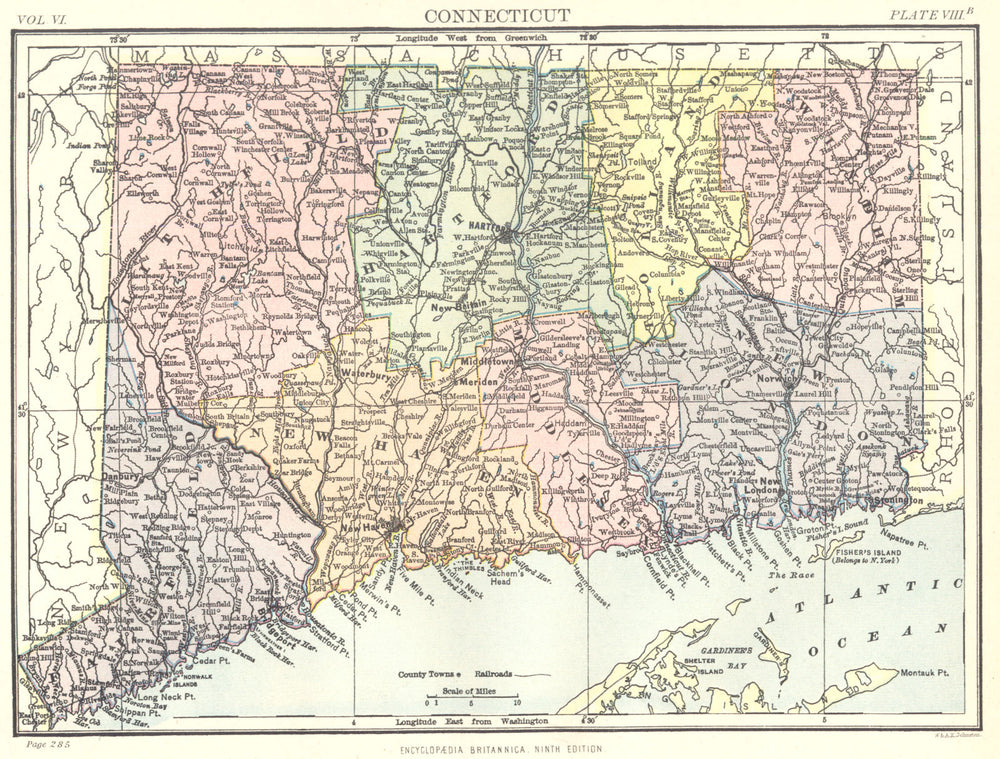 CONNECTICUT. State map showing counties. Britannica 9th edition 1898 old
