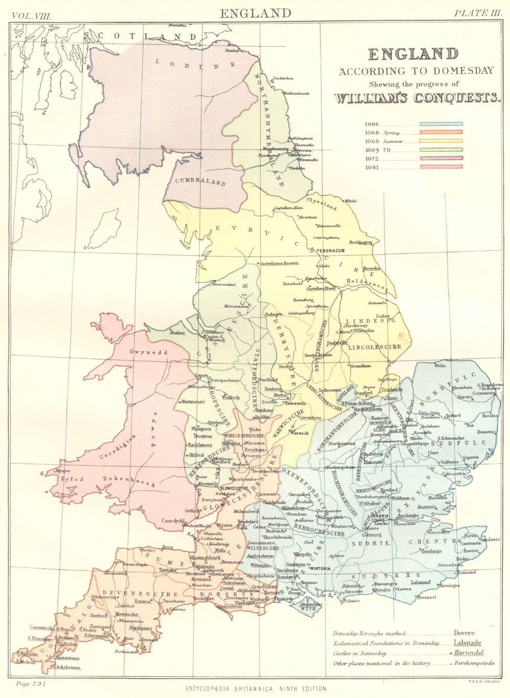 DOMESDAY ENGLAND. Progress of William's conquests 1066-1081. Britannica 1898 map