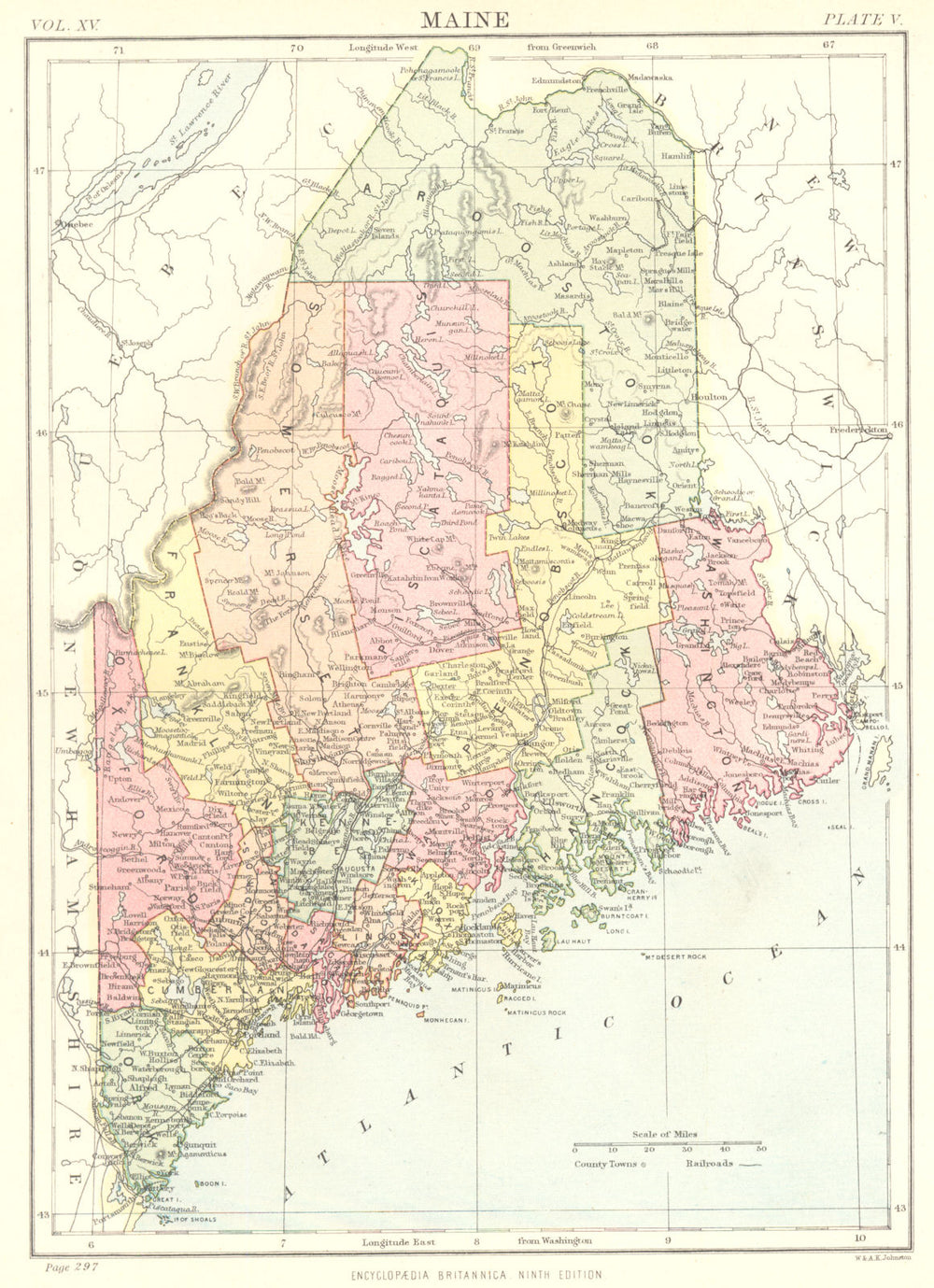 MAINE. State map showing counties. Britannica 9th edition 1898 old antique