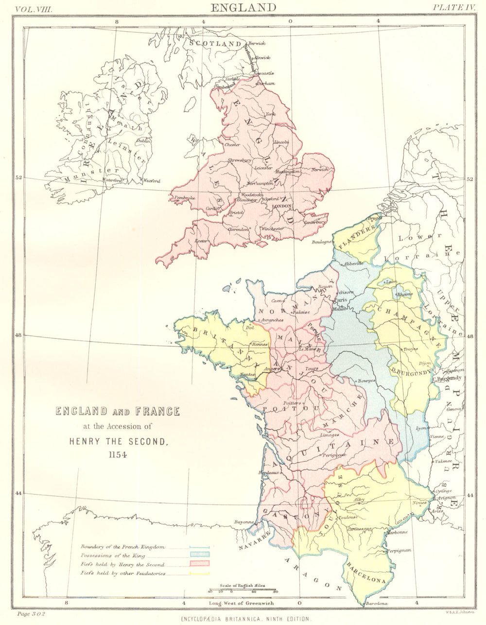 ENGLAND & FRANCE. At accession of Henry II, 1154.Britannica 9th edition 1898 map