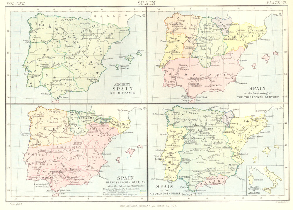 SPAIN. Hispania; 1200 11C 14C 15C; Italian Possessions of Aragon. 1898 old map