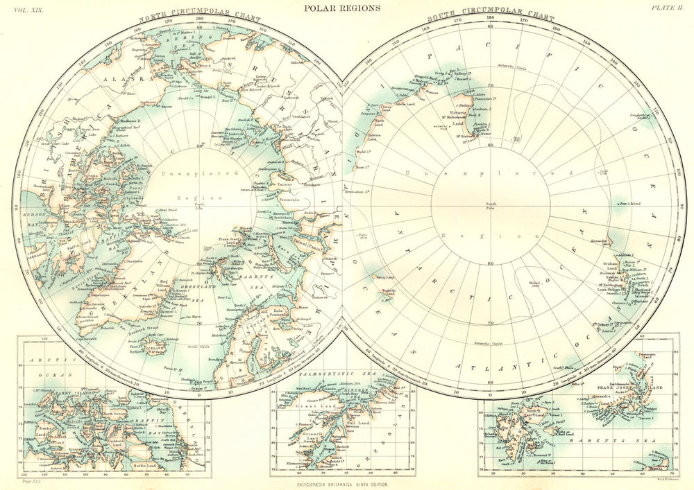 POLAR REGIONS. North South Poles; Baffin land; Greenland; Barents sea. 1898 map