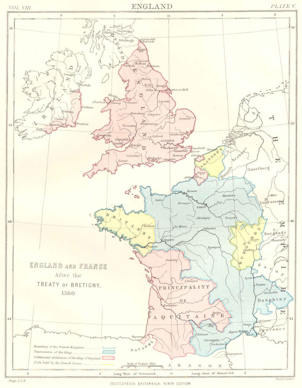 ENGLAND & FRANCE. After the treaty of Bretigny 1360. Aquitaine Flanders 1898 map