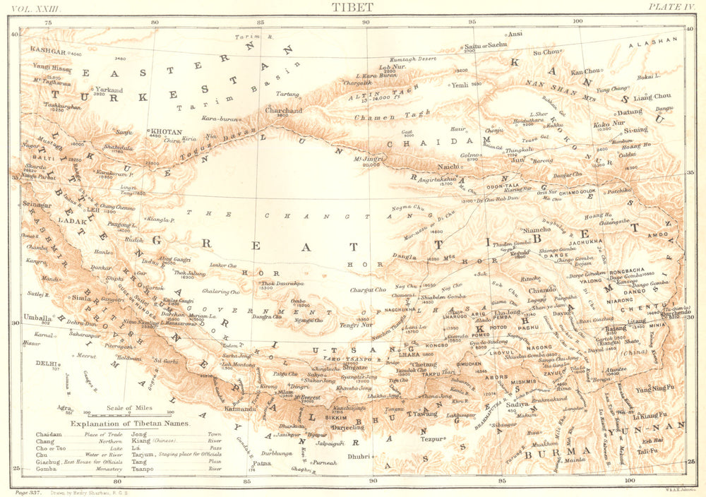 TIBET. Britannica 9th edition 1898 old antique vintage map plan chart
