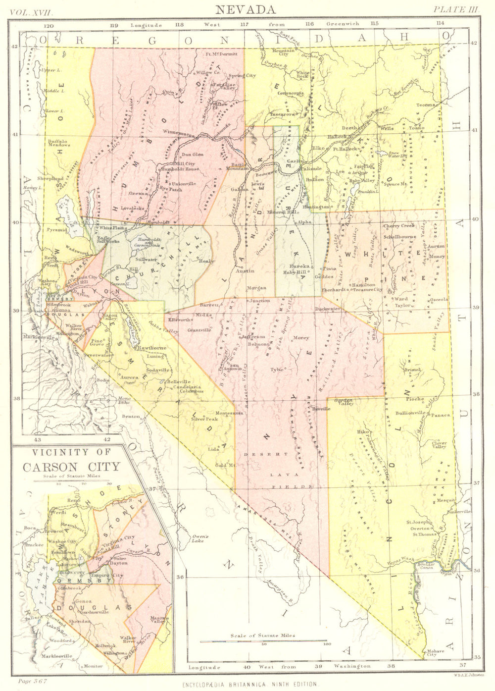 NEVADA. State map showing counties.Inset Carson City.Britannica 9th edition 1898