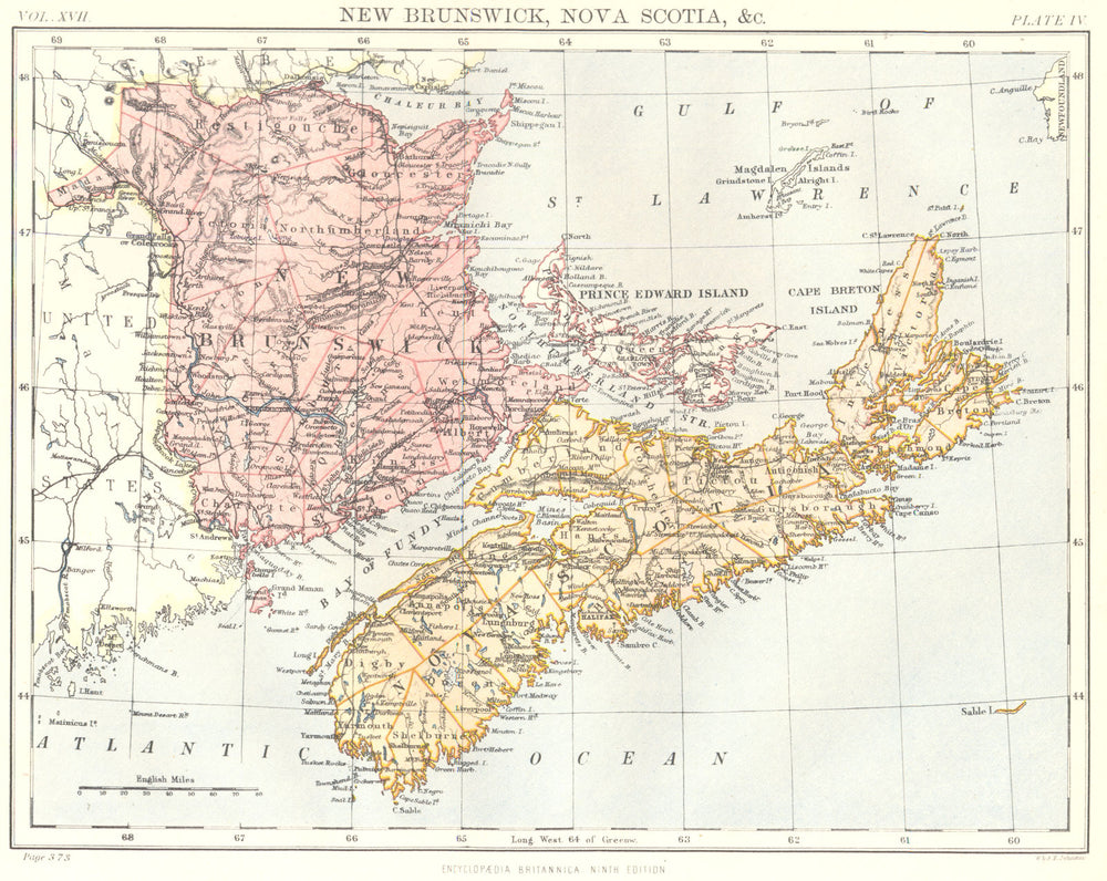 CANADA. New Brunswick, Nova Scotia, Prince Edward Island. Britannica. 1898 map