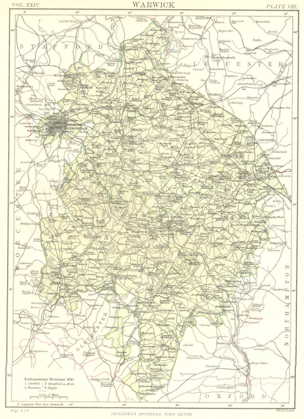 WARWICKSHIRE. Showing 1885 Parliamentary divisions.Britannica.County map 1898