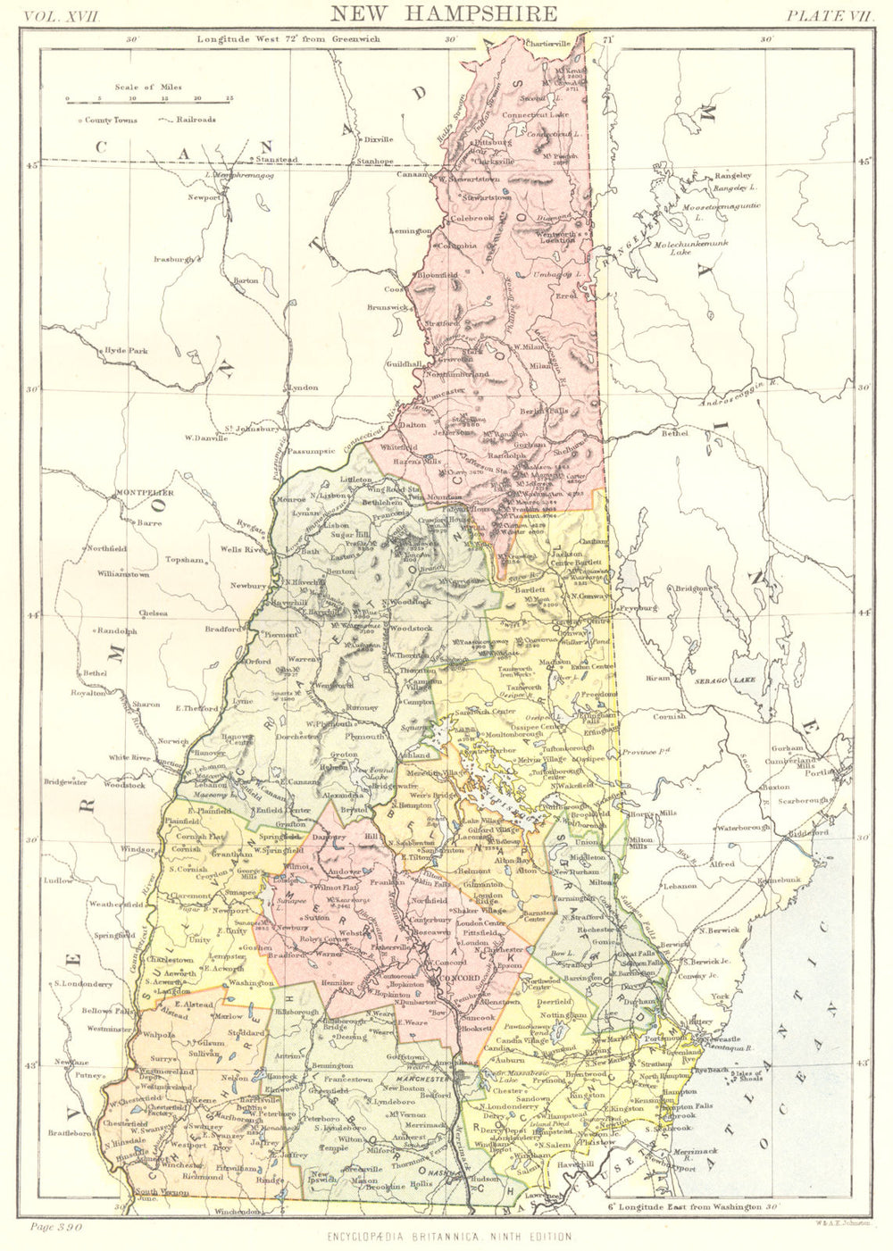 NEW HAMPSHIRE. State map showing counties. Britannica 9th edition 1898 old