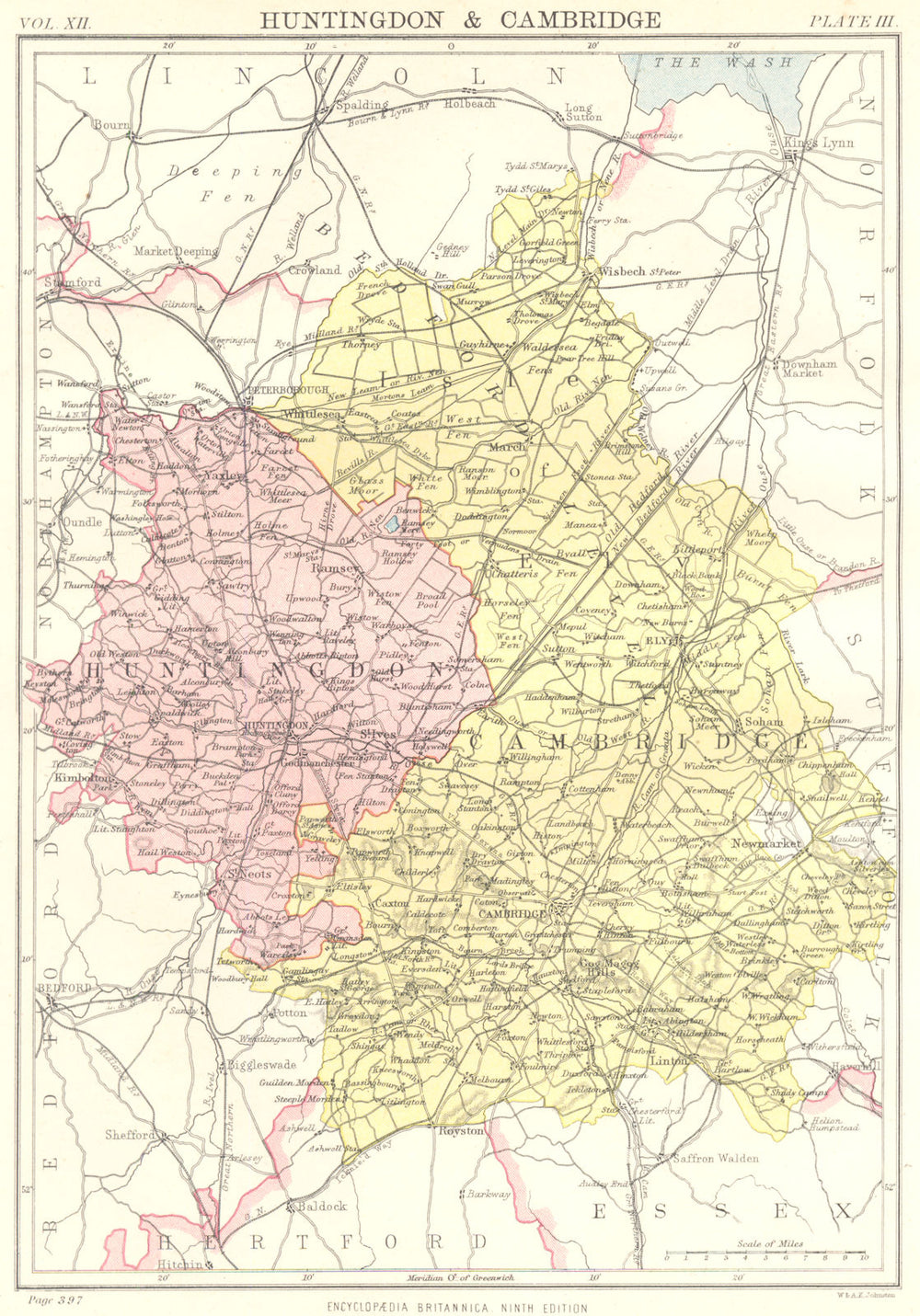 CAMBRIDGESHIRE & HUNTINGDONSHIRE. Britannica 9th edition County map 1898