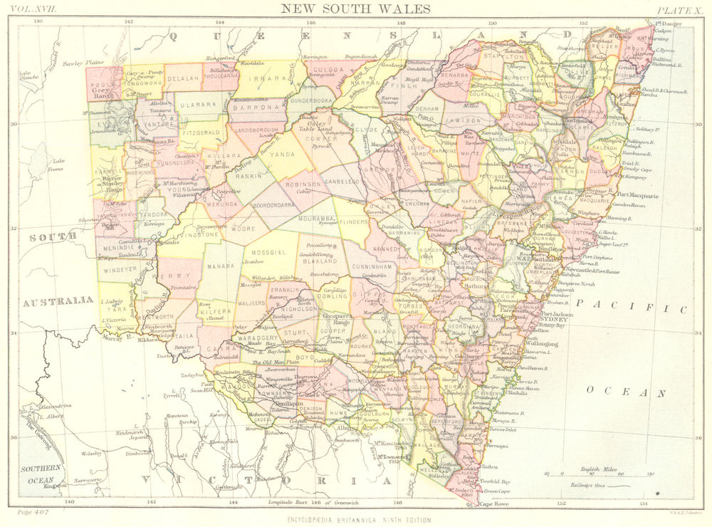 NEW SOUTH WALES. Australia. Showing counties. Britannica 9th edition 1898 map