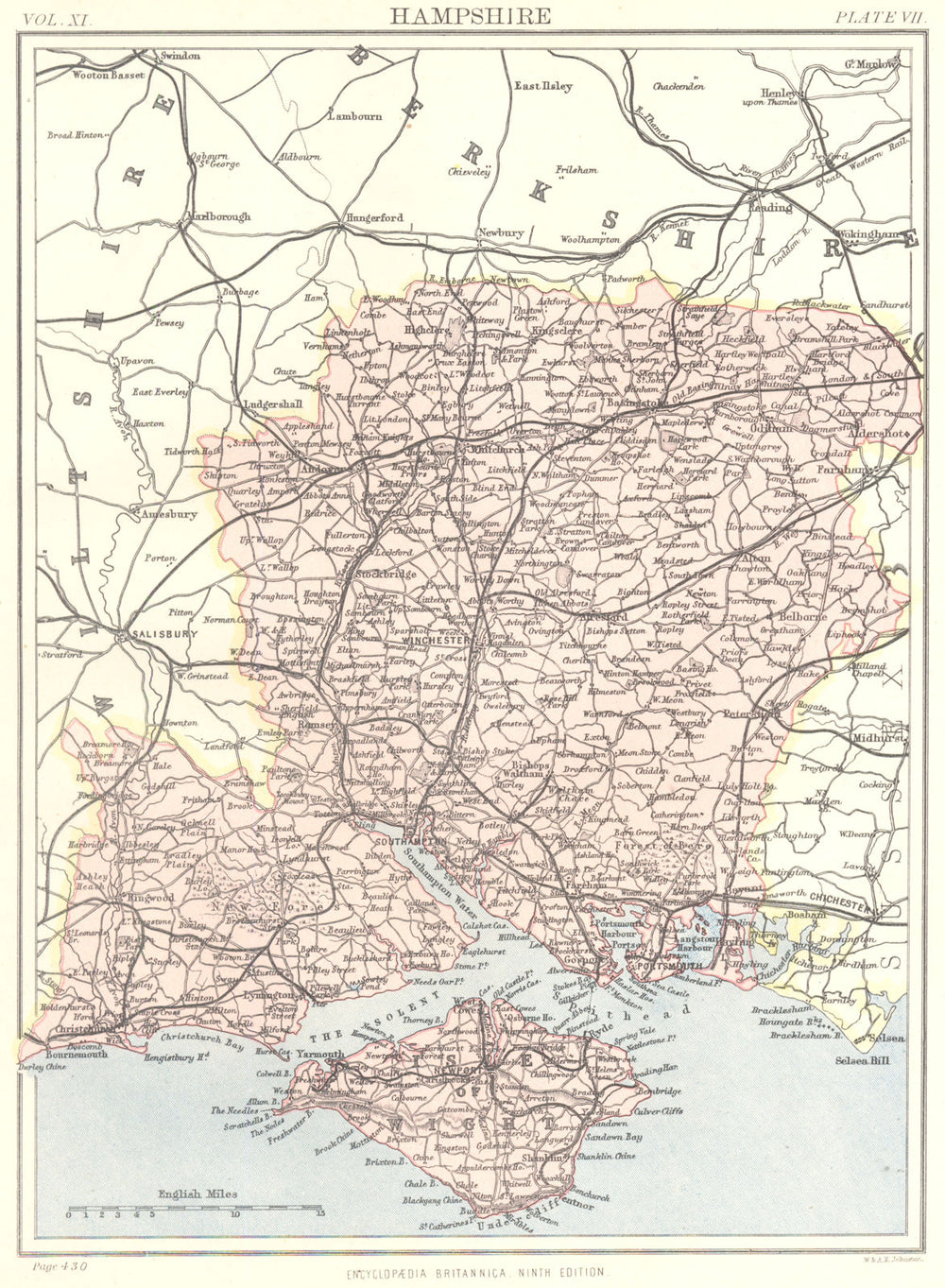 HAMPSHIRE. Britannica 9th edition County map 1898 old antique plan chart