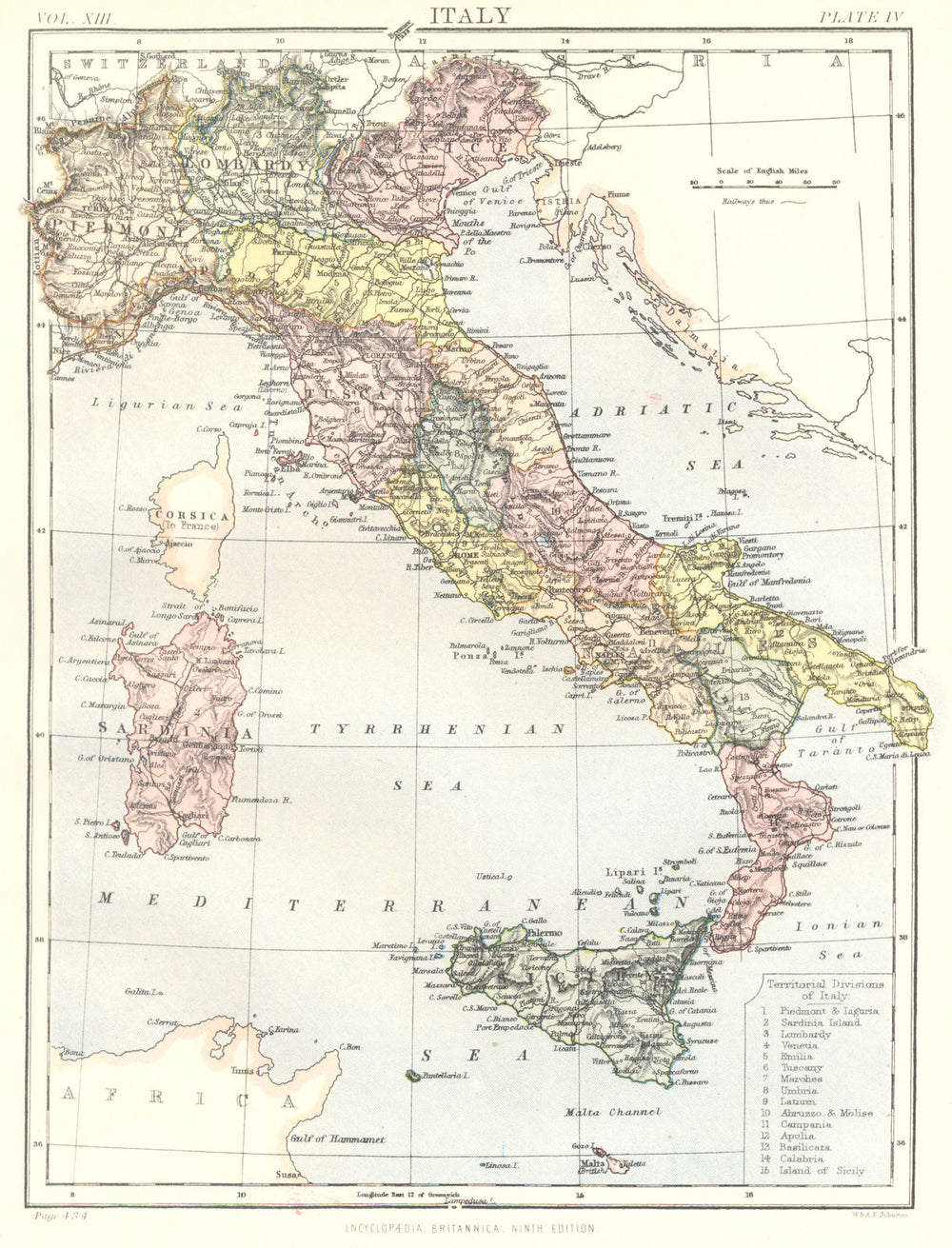 ITALY. Showing provinces. Britannica 9th edition 1898 old antique map chart